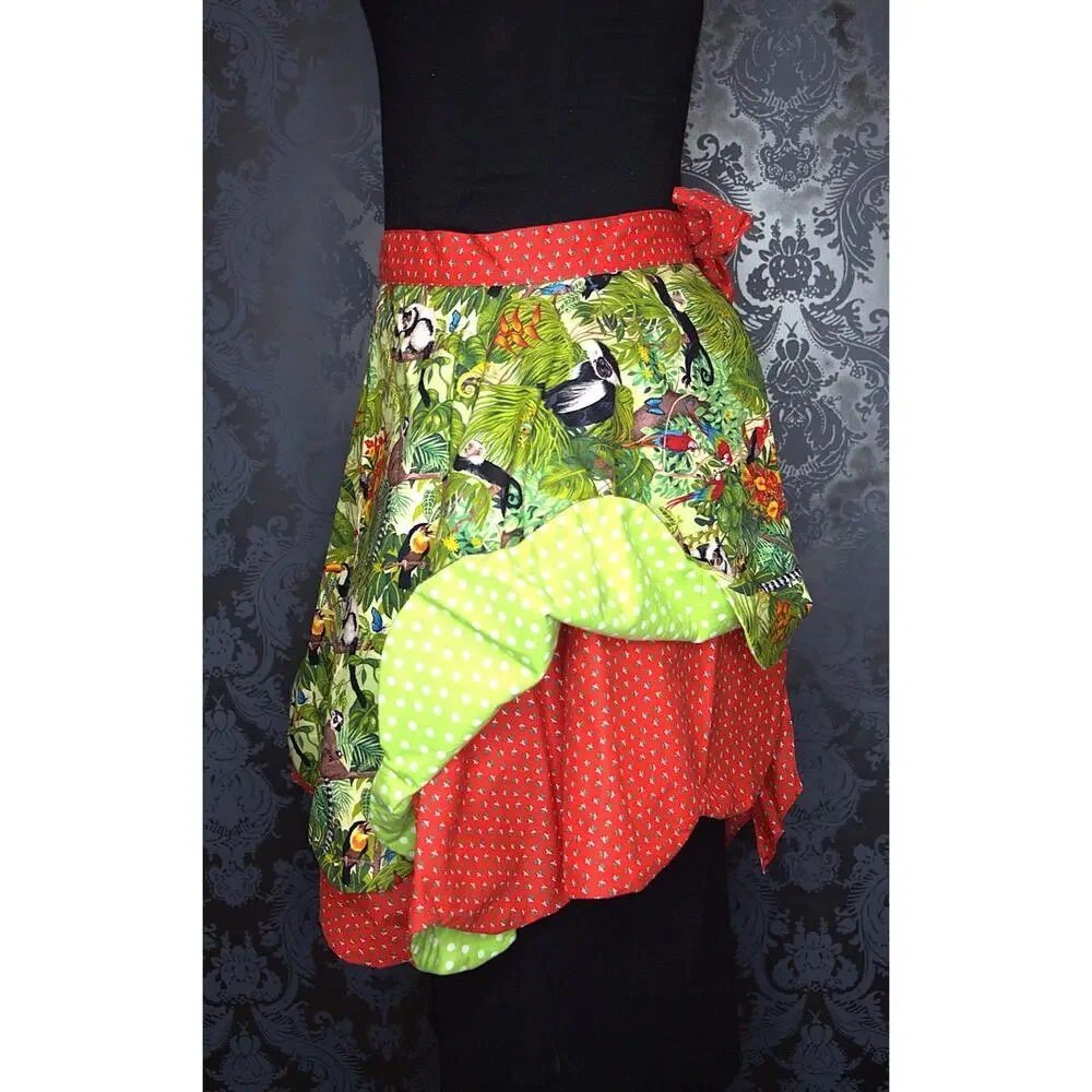 50s Pin Up Style Handmade Apron Red Polka Dot Jungle Theme Tie One Of A Kind